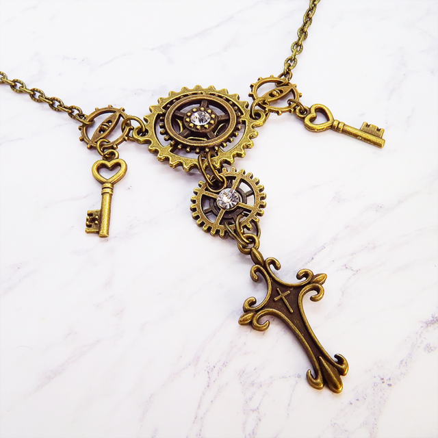 アンティークゴールド ロザリオと歯車の多重多層スチームパンク風ネックレス ゴシック 鍵 スワロフスキー 長さ調節可
