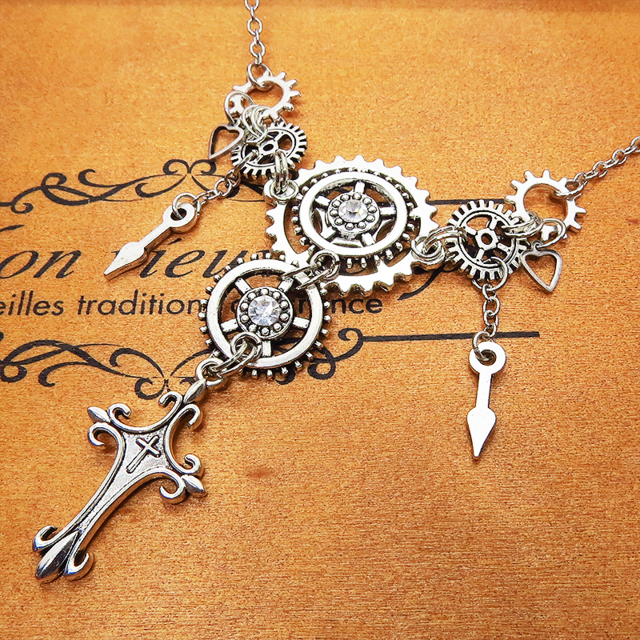 アンティークシルバー ロザリオと歯車の多重多層スチームパンク風ネックレス ゴシック 時計の針 スワロフスキー 長さ調節可