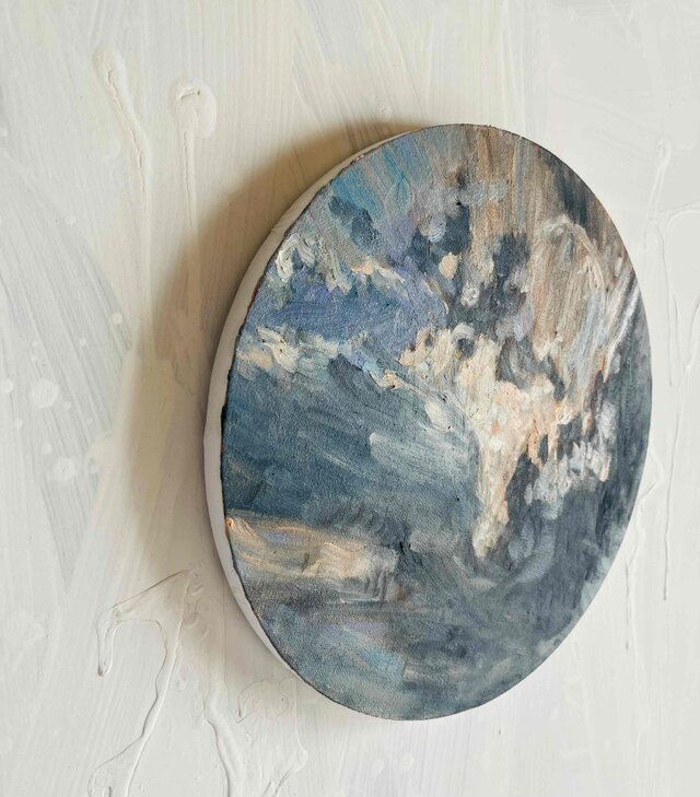 直径20㎝「画家の家の上空4」油彩・絵画・原画・丸形・アートパネル