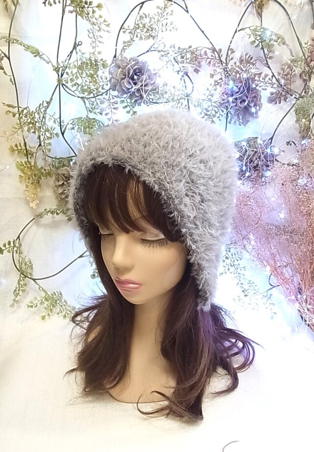 ニット帽 子 もふもふニットキャップ ファー素材  グレー　
