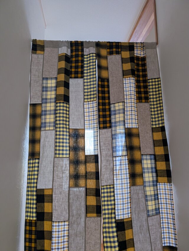 秋冬♥️あったかロングのれん❤マスタードイエローチェック＆リネン無地❤細長パッチワーク❤✭83✕175✭