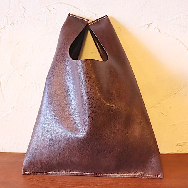 柔らか肉厚レザーのノットバッグ&ポーチ（チョコ）折りたためて大容量11221