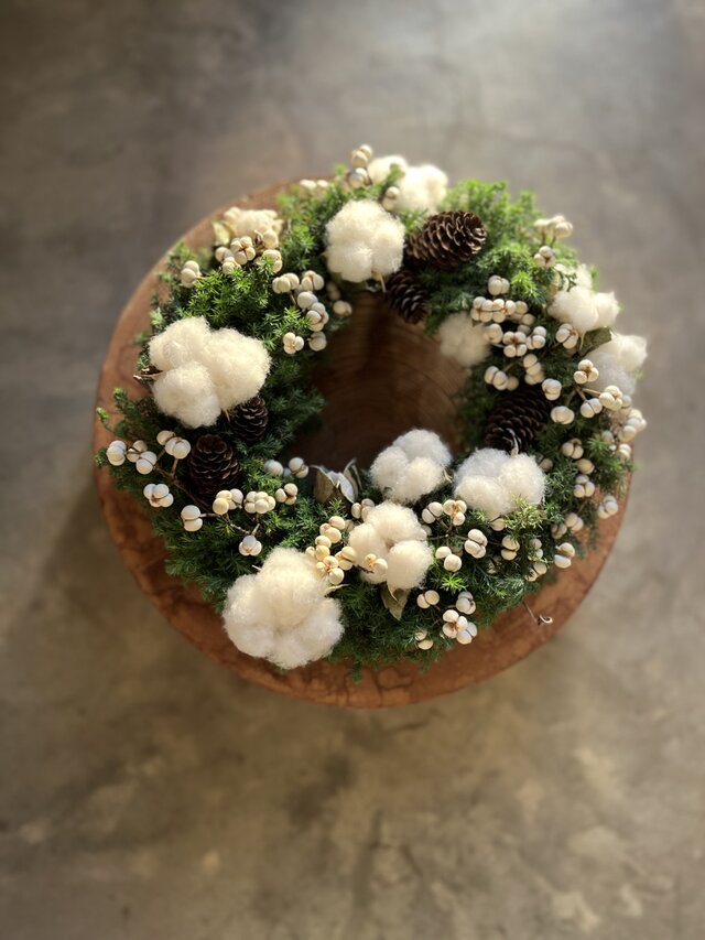 針葉樹とホワイトコットンのクリスマスリース☆冬リース 針葉樹とホワイトコットンのクリスマスリース☆冬リース 森の針葉樹