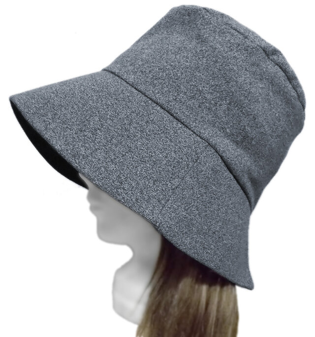 つば長・ゆったりバケットハット◆鹿の子織コットンニット／杢グレー×ネイビー　◇紫外線対策・小顔効果・オールシーズン着用◇