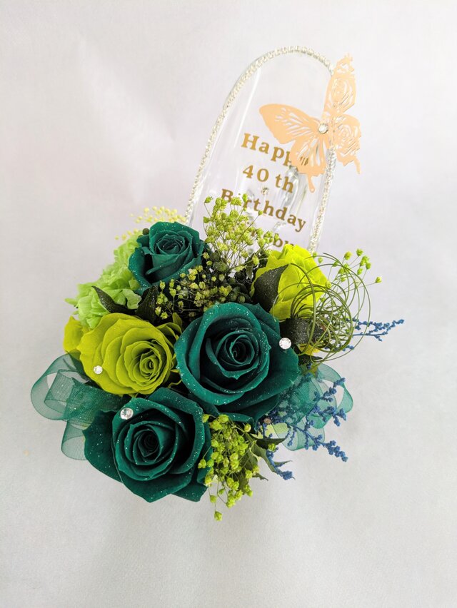 プリザーブドフラワーガラスの靴アレンジ／グリーンローズの落ち着きと華やかな輝き