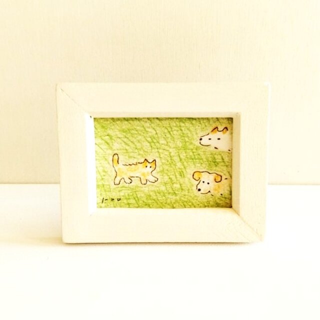 イラスト 原画 「子猫と犬」※木製額縁入り　インテリアアート　犬のイラスト　ミニ原画