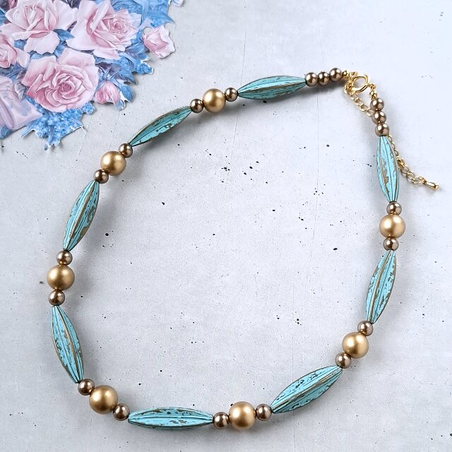 《GERMANY》 turquoise blue verdigris beads ドイツ ヴィンテージネックレス