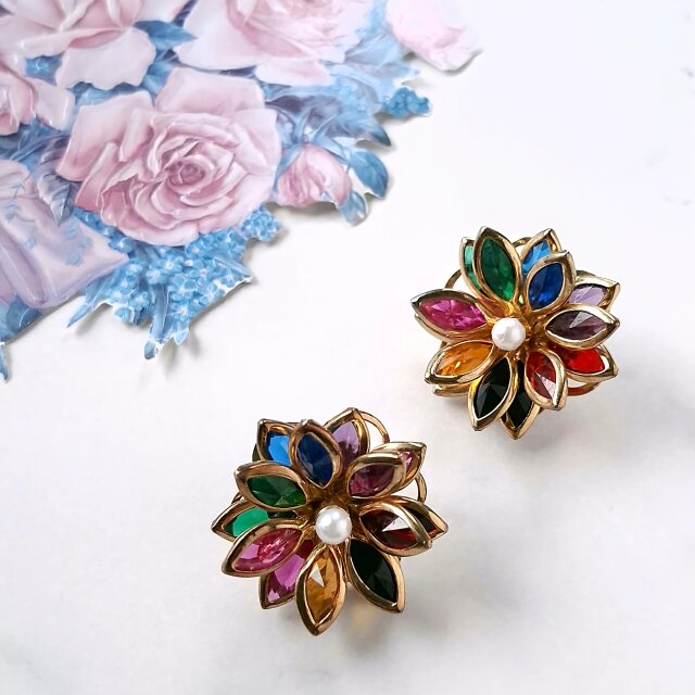 colorful marquis rhinestone faux pearl flower ヴィンテージピアス