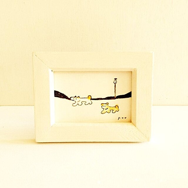 イラスト 原画 「夕方の散歩道」※木製額縁入り　インテリアアート　犬のイラスト　ミニ原画