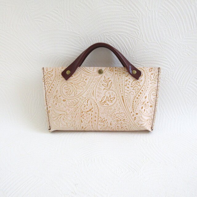 手縫い☆小さくお出掛け♪《牛革》ミニマルトート・ブラウン系・ペイズリー柄・073