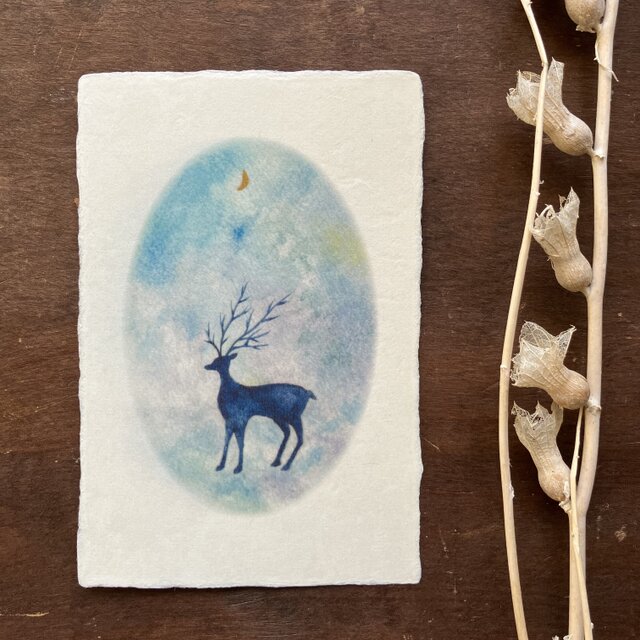 和紙の絵葉書【青のトナカイ】ポストカード