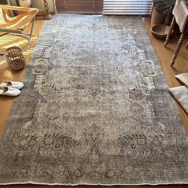 超大判レア166×277グレージュ×イエロー　メダリオン　トルコヴィンテージラグ