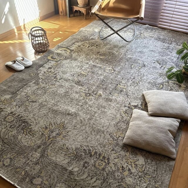 超大判レア166×277グレージュ×イエロー メダリオン トルコヴィンテージ