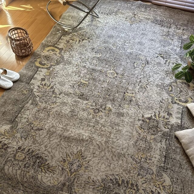 超大判レア166×277グレージュ×イエロー メダリオン トルコヴィンテージ