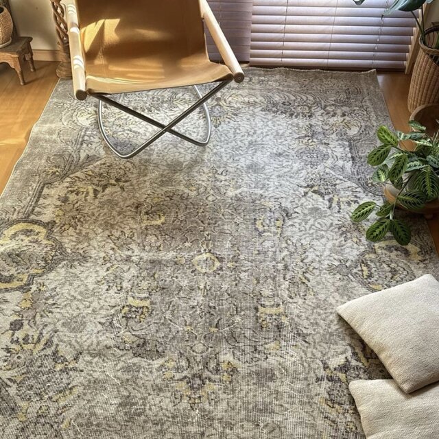 超大判レア166×277グレージュ×イエロー メダリオン トルコヴィンテージ