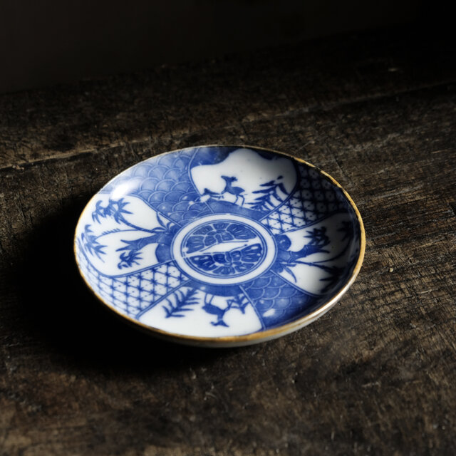 見込みに向かい蝶◇鹿と竹。時代印判中皿 骨董・antiques 古道具 丁寧