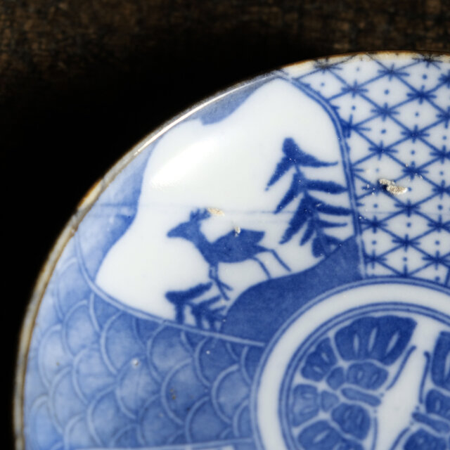 見込みに向かい蝶◇鹿と竹。時代印判中皿 骨董・antiques 古道具 丁寧
