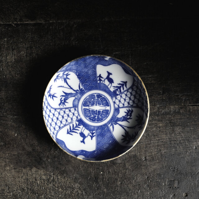 見込みに向かい蝶◆鹿と竹。時代印判中皿　骨董・antiques　古道具　丁寧な暮らしに。明治期