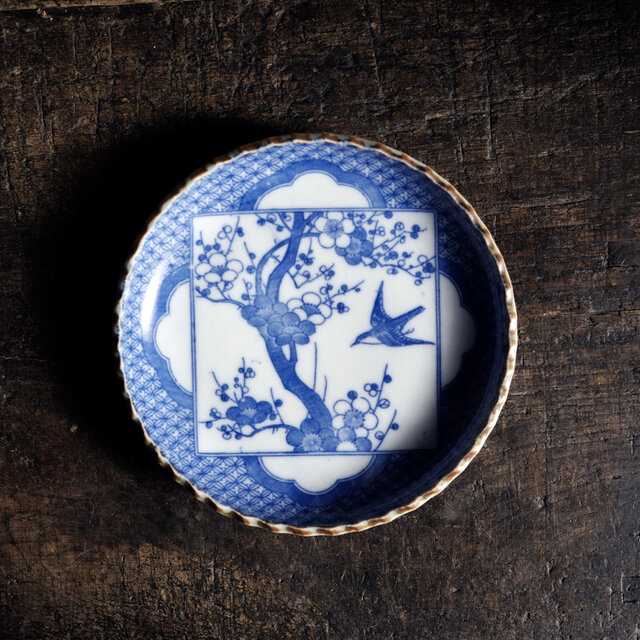梅とメジロ◆時代印判中皿　イゲ皿　骨董・antiques　古道具　丁寧な暮らしに。明治期