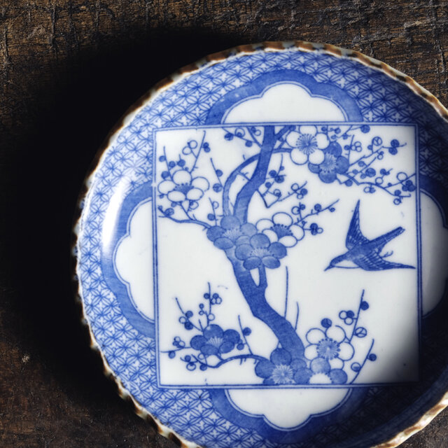 骨董品　中皿 梅とメジロ◇時代印判中皿 イゲ皿 骨董・antiques 古道具 丁寧な暮らし