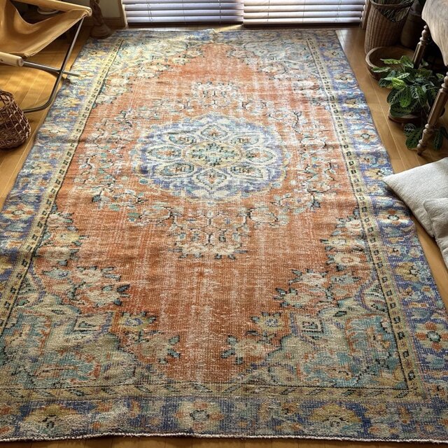 大判173×259夕焼けオレンジ×ブルー　メダリオン　トルコヴィンテージラグ