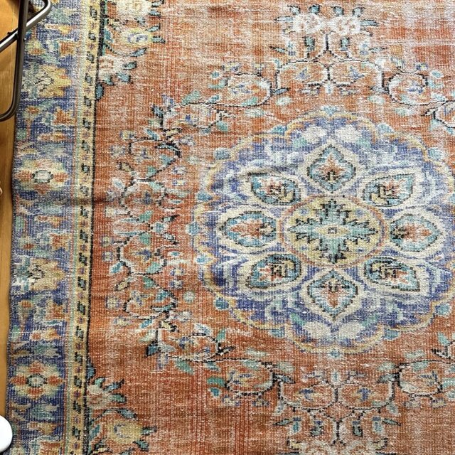 大判173×259夕焼けオレンジ×ブルー メダリオン トルコヴィンテージラグ
