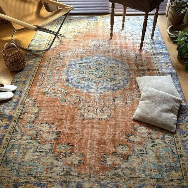 大判173×259夕焼けオレンジ×ブルー　メダリオン　トルコヴィンテージラグ 大判173×259夕焼けオレンジ×ブルー メダリオン トルコヴィンテージラグ