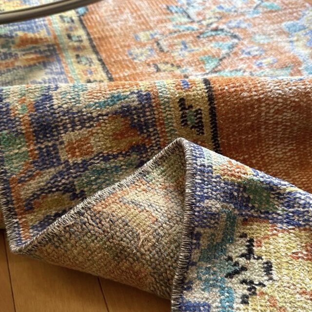 大判173×259夕焼けオレンジ×ブルー メダリオン トルコヴィンテージラグ