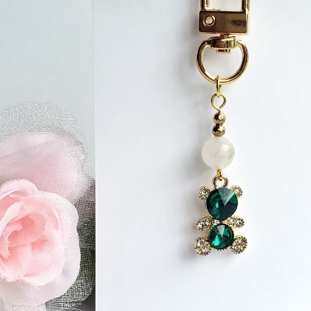 ムーンストーン×熊チャーム 大人可愛い キーホルダー ストラップ チャーム イヤホンジャック 天然石キーホルダー