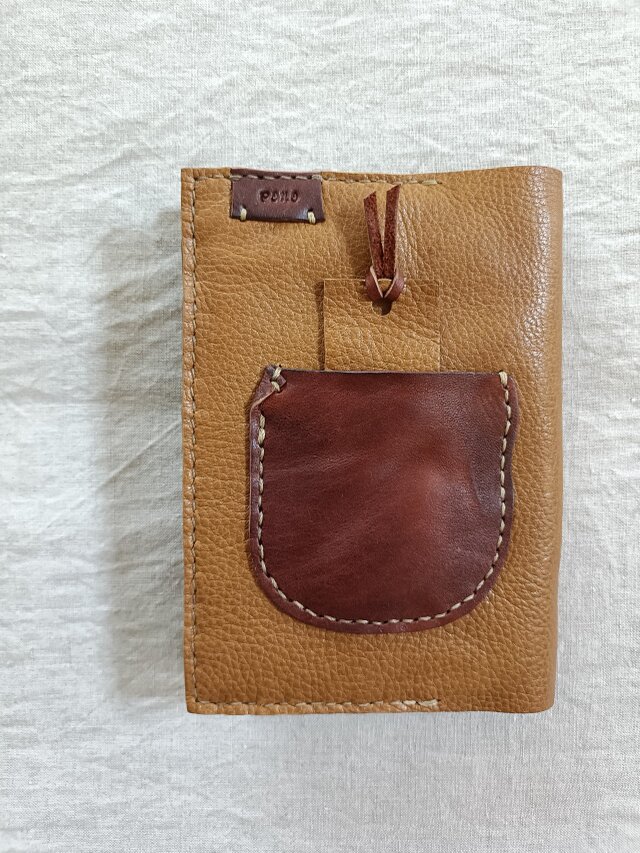 ブックカバー　文庫本カバー　栞付き　マスタード✗濃いブラウン　オイルシュリンクレザー