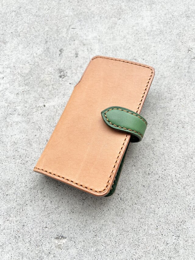 iPhone & android 手帳型　レザーケース　　ナチュラル×グリーン カードポケット1枚仕様