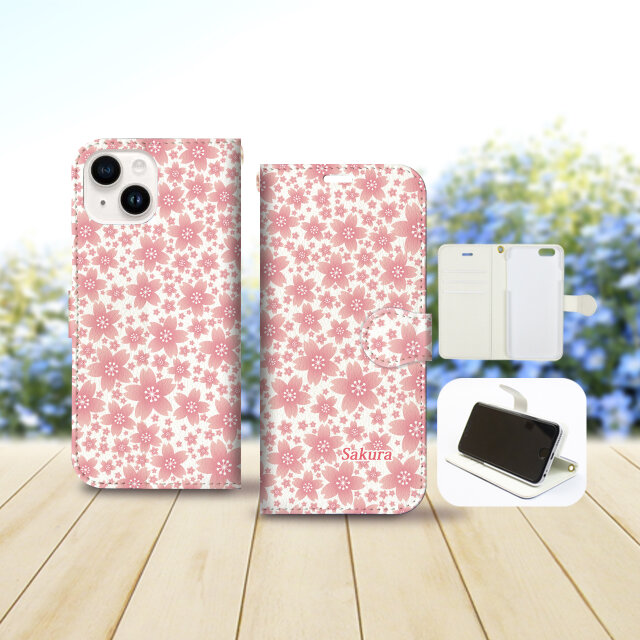 iPhone専用 手帳型スマホケース 【内側色：ホワイト仕様】カメラ穴有【さくら柄】