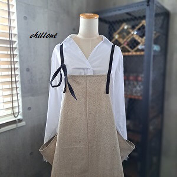 【背中がかわいい】エプロンドレス：ワッシャーリネン×ブラック【1021】