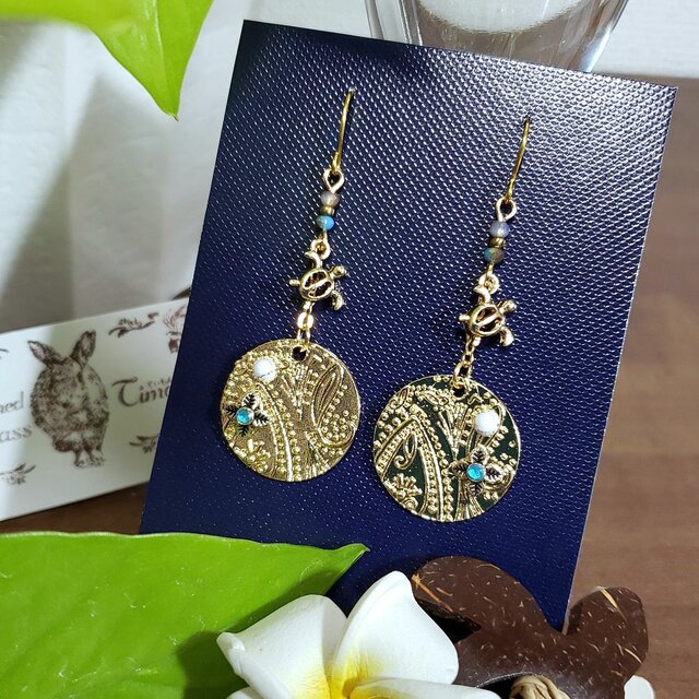 ハワイアンジュエリーデザイン❀ホヌピアス アクアブルー系 No.759