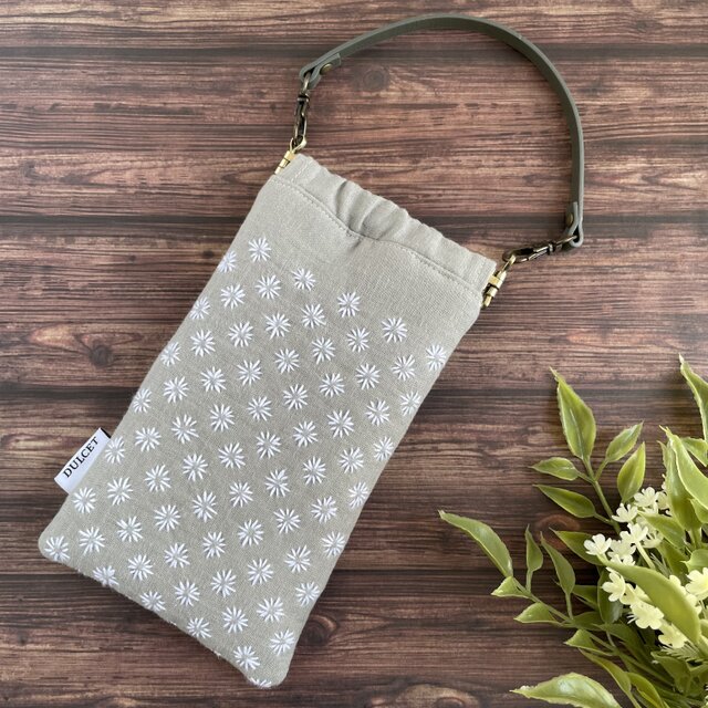 刺し子のバネ口メガネポーチ（淡いグレー）