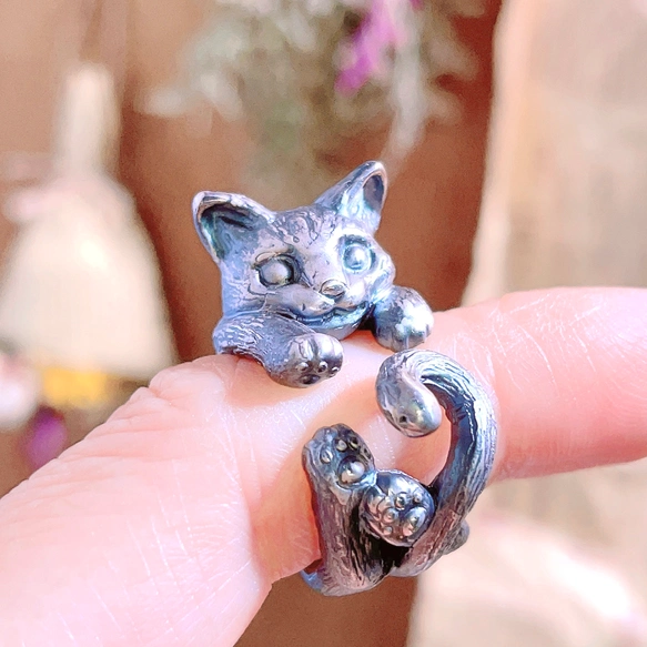 【名入れOK】いつでもいっしょ!ネコ•リング【スターリングシルバー製/動物モチーフ】