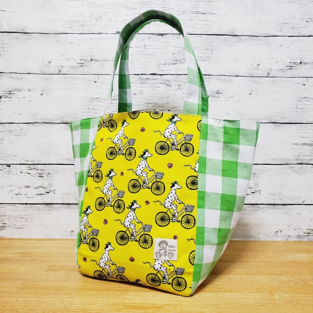 大きめころりんマルシェトートバッグ (自転車ダルメシアン×ブロックチェック柄)