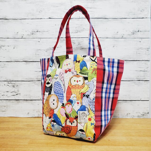 大きめころりんマルシェトートバッグ (鳥さん×タータンチェック柄)