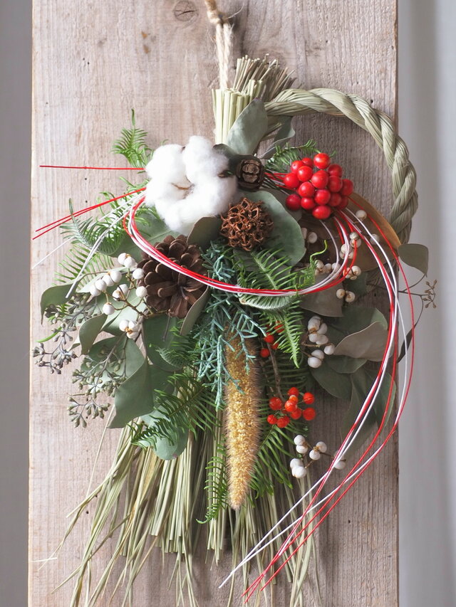 お正月リース♪No.8 FLABEL お正月飾り 玄関 ドア 2025 謹賀新年 しめ飾り しめ縄飾り