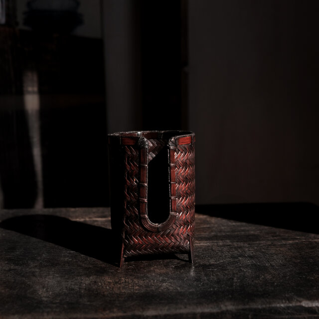 茶杯や猪口の収納に◆中国産　竹製 細工網代編 碗筒 茶杯入れ　猪口入れ　煎茶碗入 煎茶道具　古道具　古民家　i1