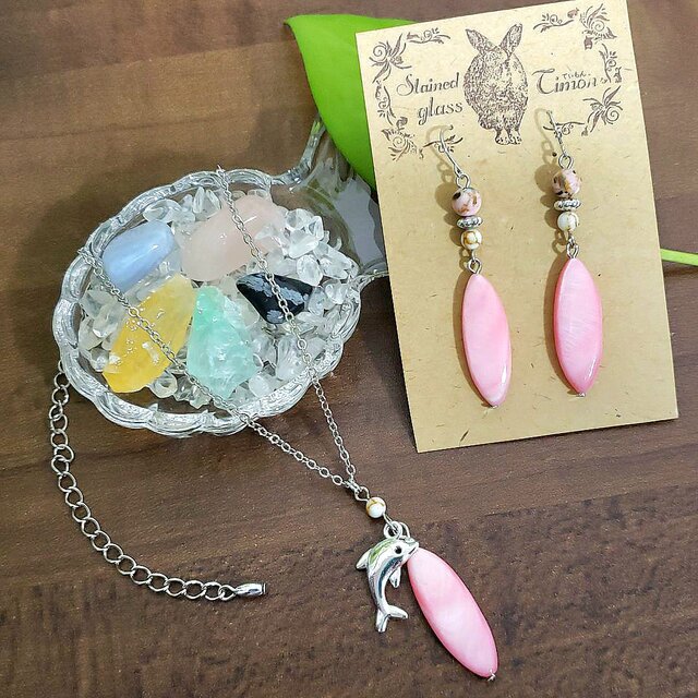 シルバーアクセサリーデザイン イルカネックレス・ピアスセット ピーチ