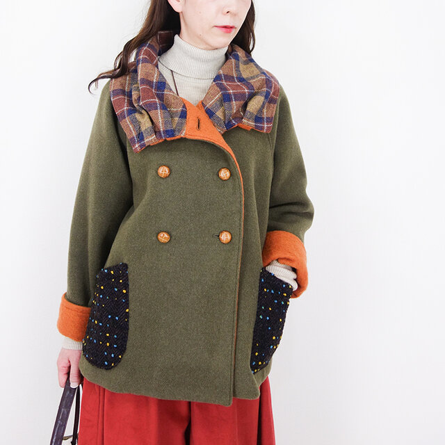ウールメルトンカーキ・カラーネップポケットの2WAY襟クシュジャケット