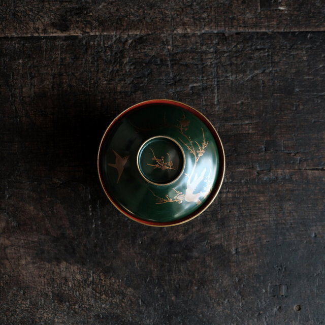 梅と鳥◆深緑で素敵。時代物　漆芸蒔絵蓋付椀　古漆器　骨董・antiques 古道具　幕末〜明治