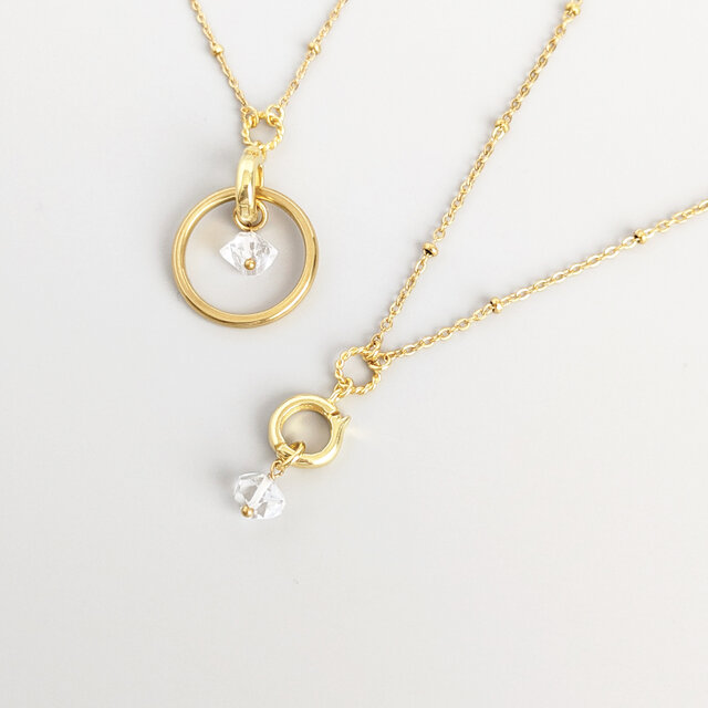 SUS316リングホルダーネックレス[Diamond shine/Gold]ハーキマーダイヤモンド 指輪ネックレス