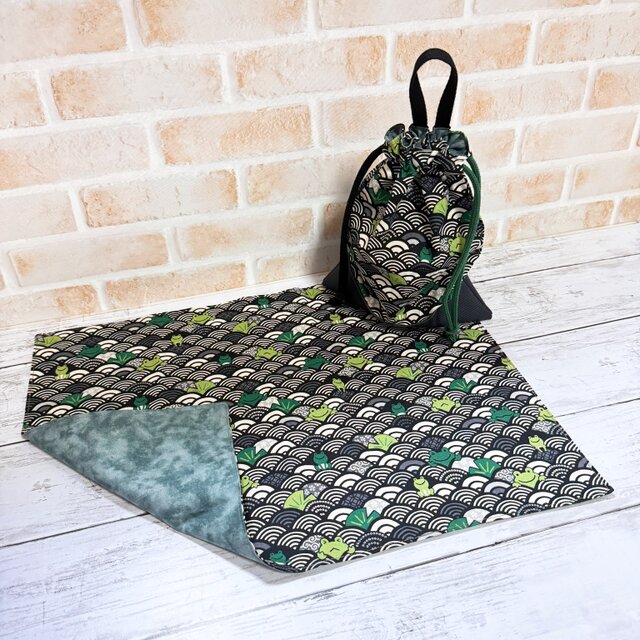 給食２点セット　【和柄・青海波×蛙★グレー】