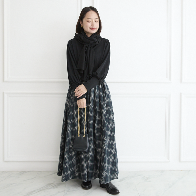 ✨再販】コットンリネンチェック ロングフレアスカート グリーン