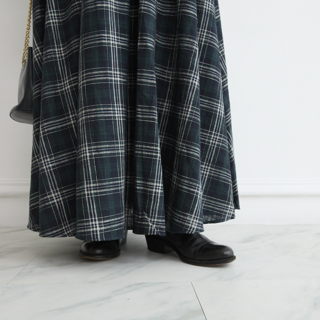 ✨再販】コットンリネンチェック ロングフレアスカート グリーン