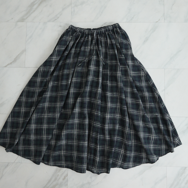 ✨再販】コットンリネンチェック ロングフレアスカート グリーン