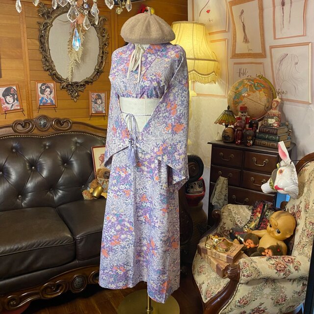 着物リメイク ロングワンピース｜洗える化繊素材＆帯サッシュベルト