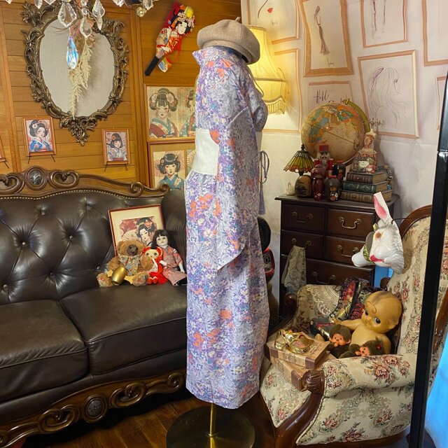 着物リメイク ロングワンピース｜洗える化繊素材＆帯サッシュベルト